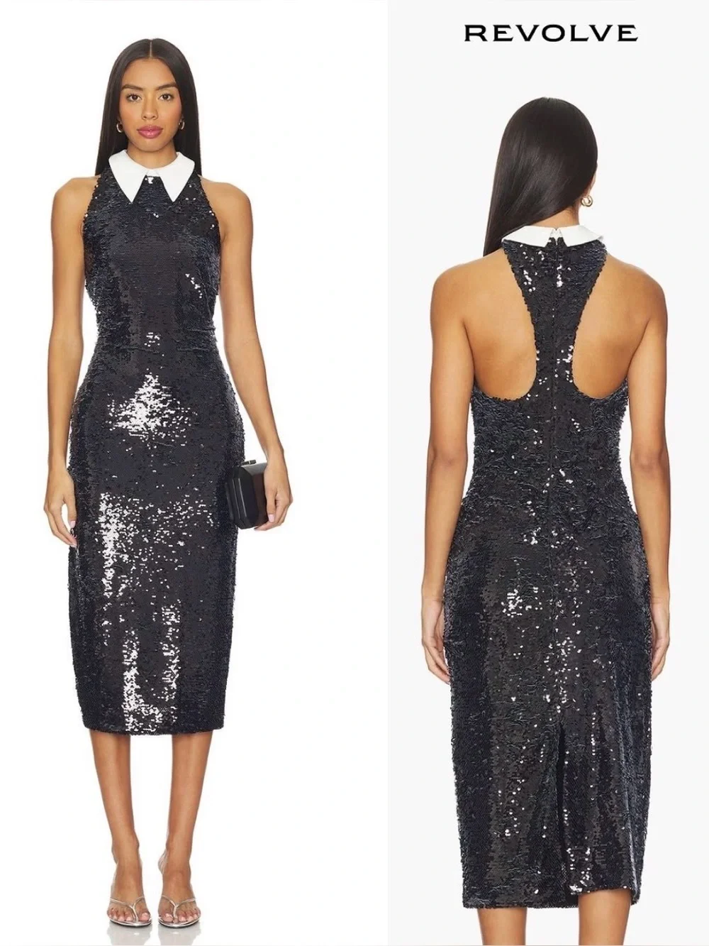 L’AGENCE Lilith Black Sequin Poplin  Midi Dress with White Collar – Size 00